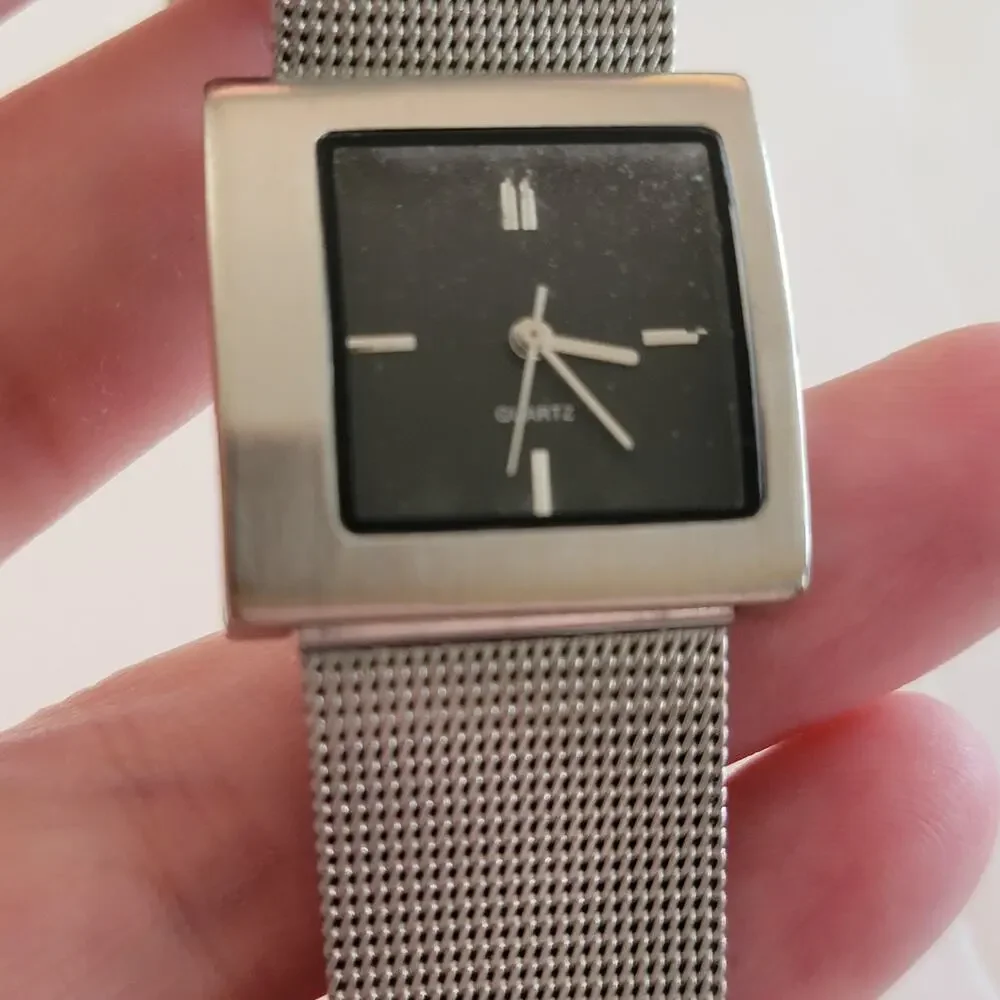 Womens Watch Black Dial Square Case Silver Mesh Bracelet Quartz Analog